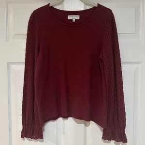 Madewell Texture & Thread Dusty Burgundy Eyelet Mix Ruffle-Sleeve Top Size Small